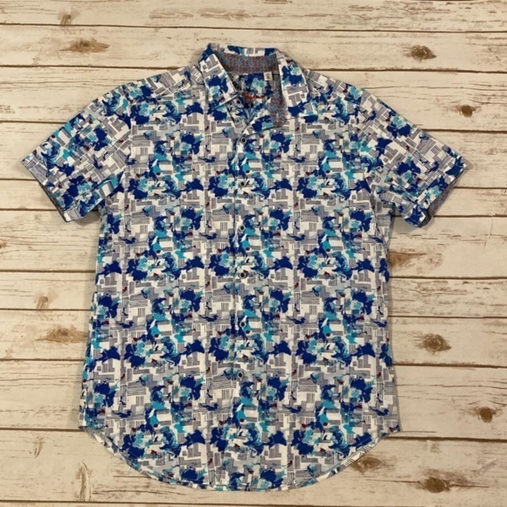 Robert Graham Short Sleeve Button Down Abstract Blue Print Shirt Medium - Picture 1 of 11